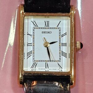 Seiko Women's Tank Watch w/ White Face & Black Leather Strap, Cabuchon stem